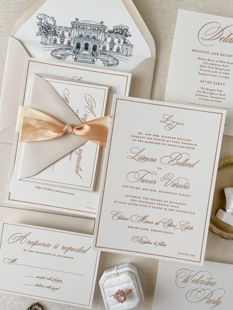 Elkins Estate custom wedding invitation suite