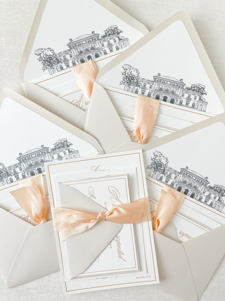 Custom Elkins Estate wedding invitation suite