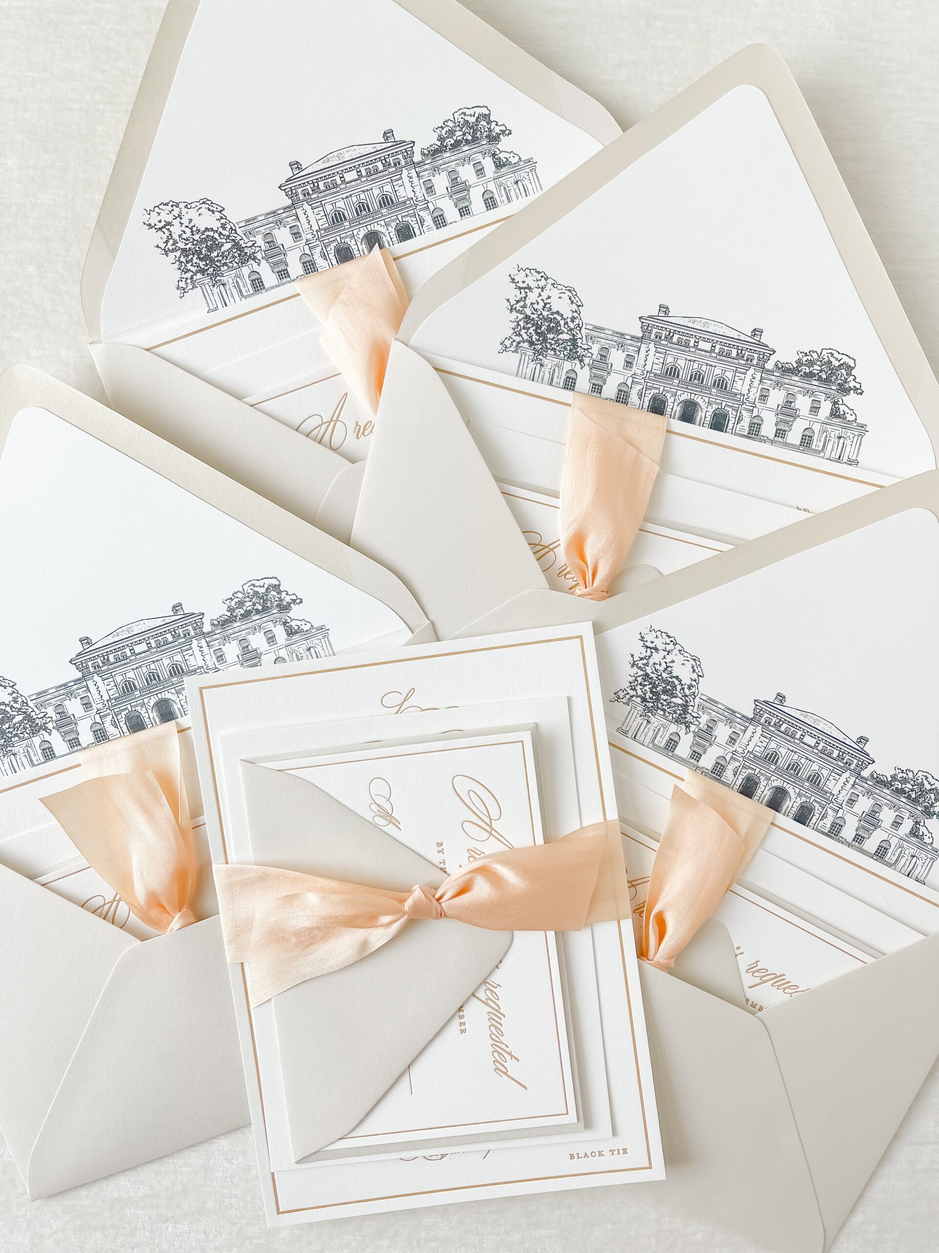 Custom Elkins Estate wedding invitation suite with venue illustration envelope liner of Elstowe Manor