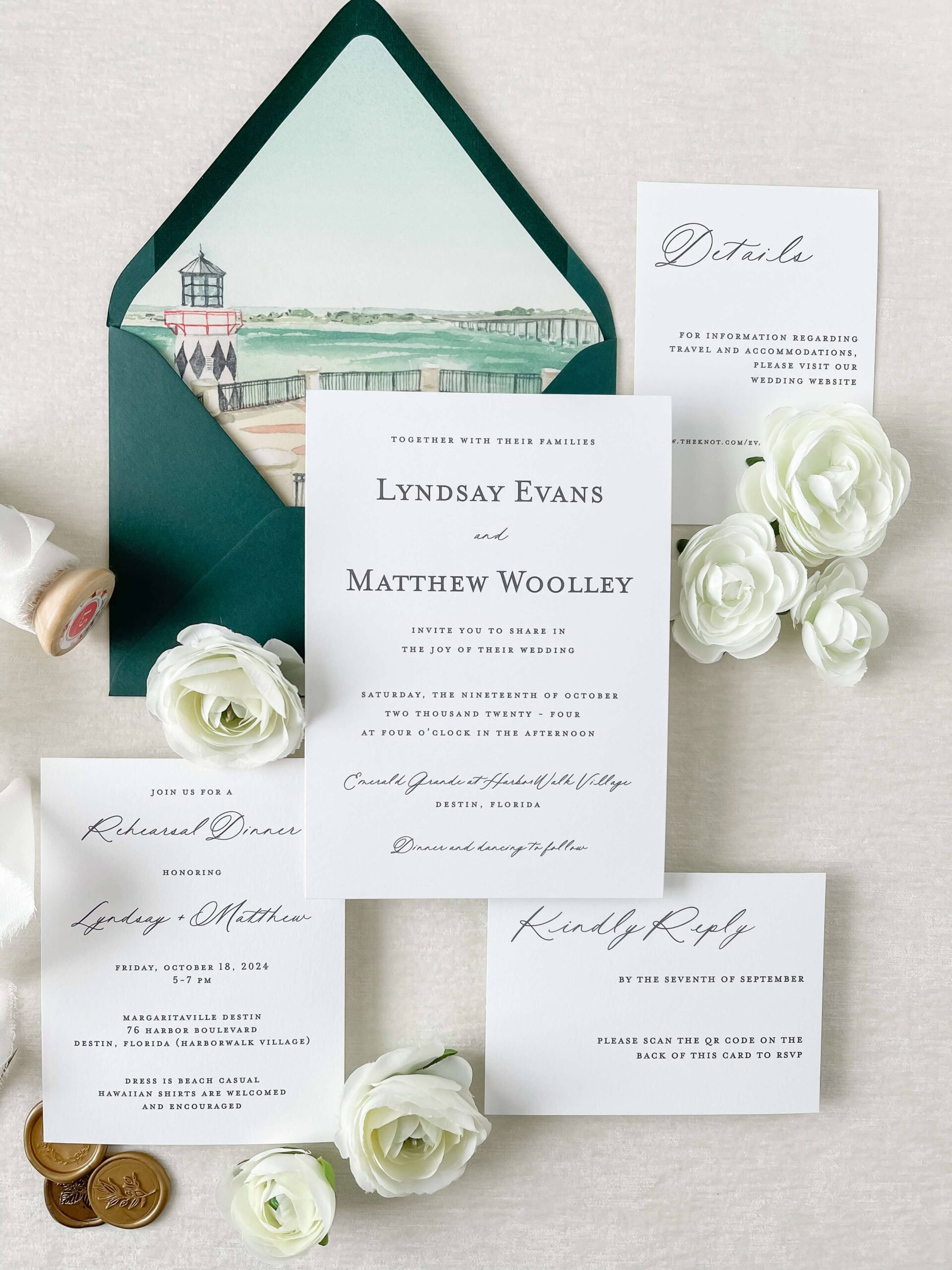 Custom wedding invitation suite for a destination wedding in Destin, Florida