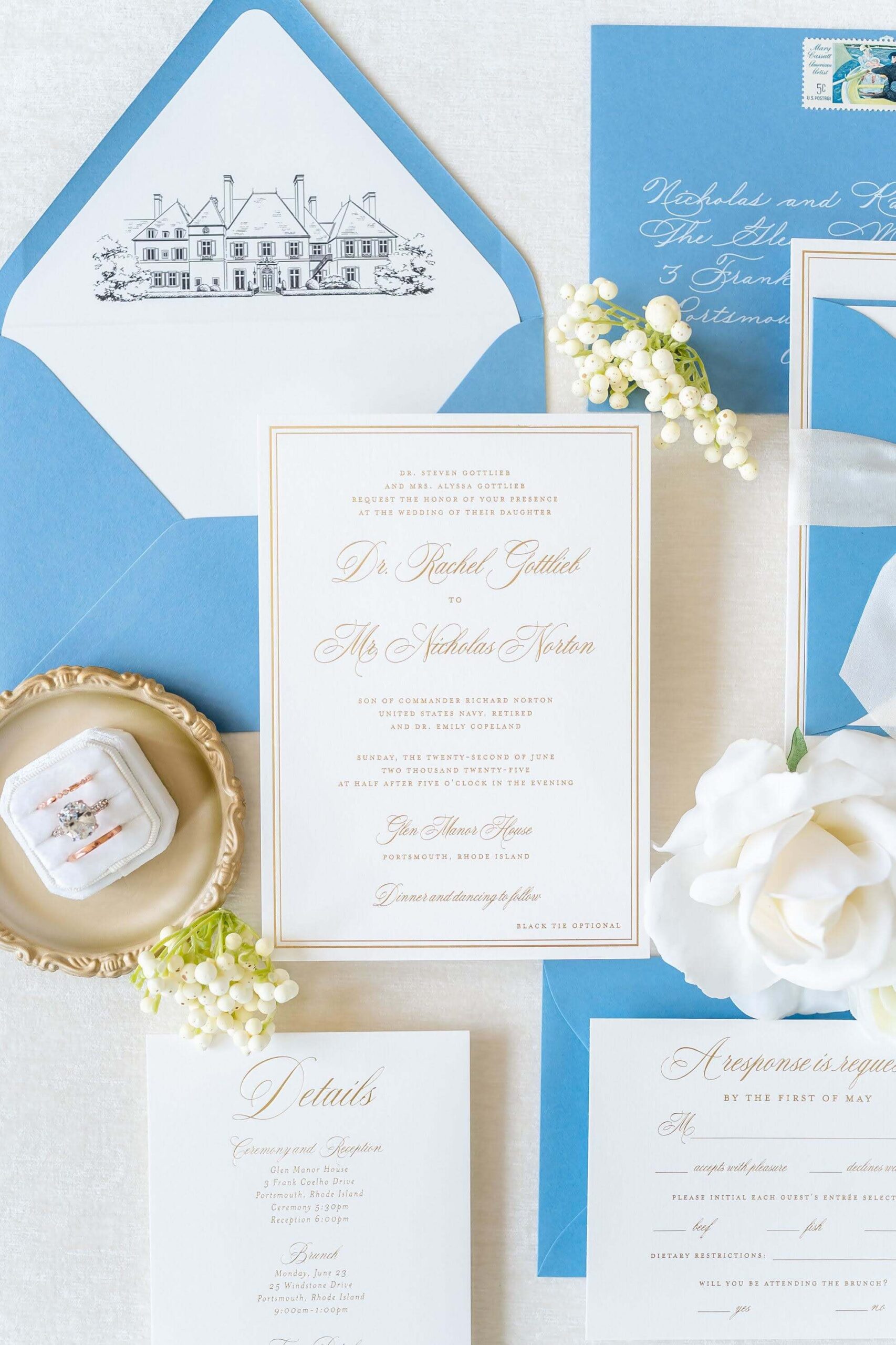 Elegant gold foil press wedding invitation suite with blue envelope and venue illustration