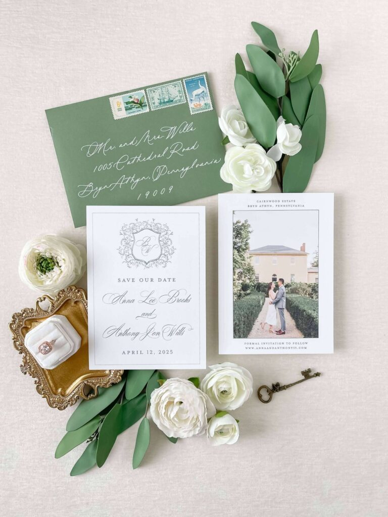 Green and white save the date for Cairnwood Estate wedding