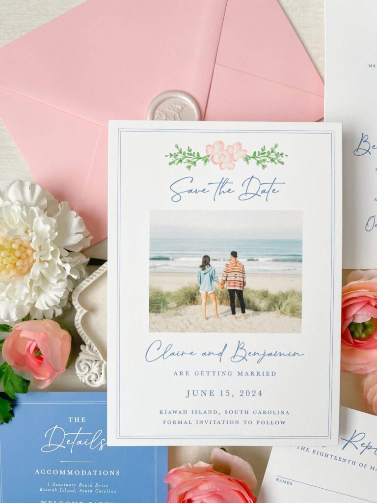 Photo save the date card for a beach wedding