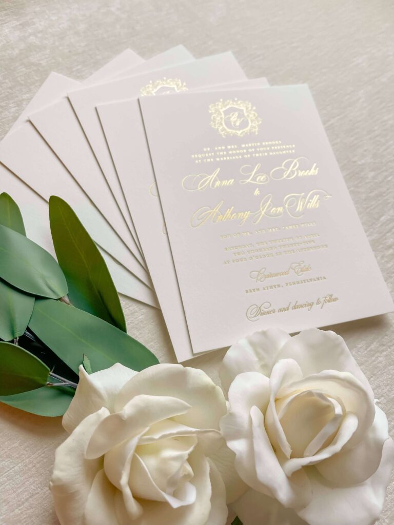 Gold foil pressed wedding invitation for Cairnwood Estate wedding