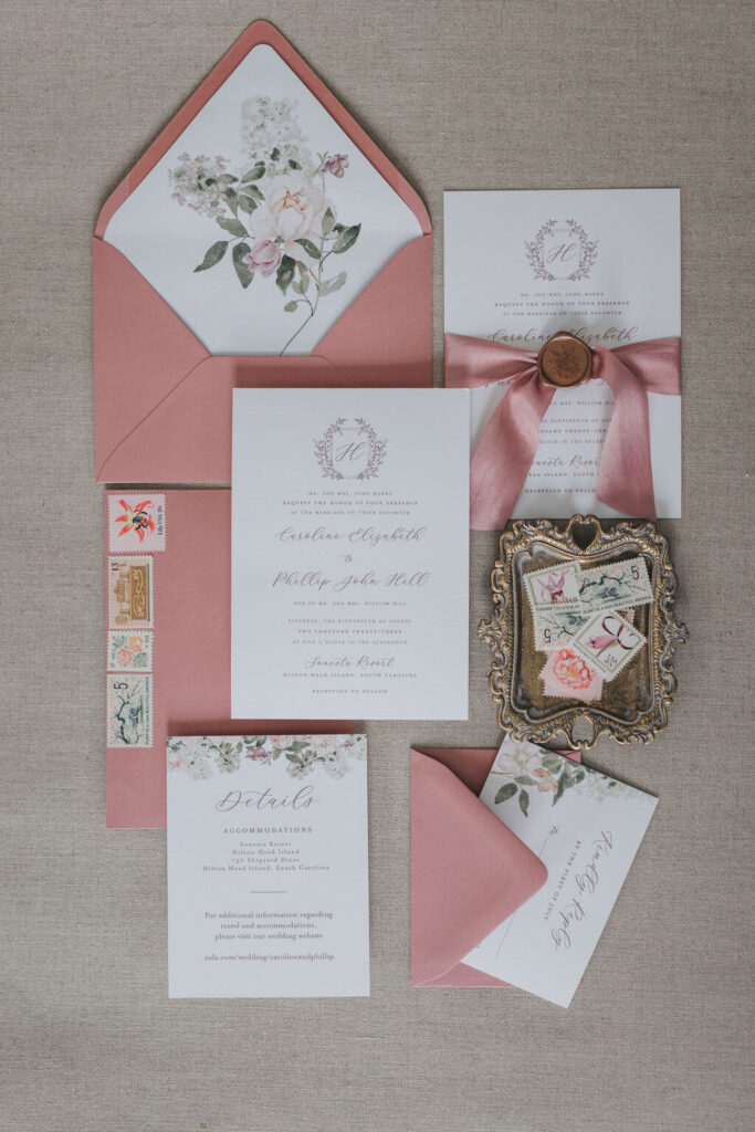 Wedding invitation suite with floral envelope liner and floral monogram