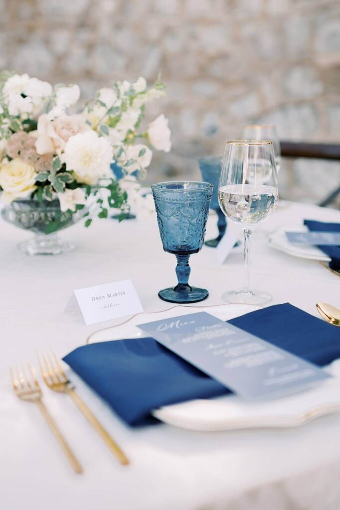 Blue wedding menu and place card