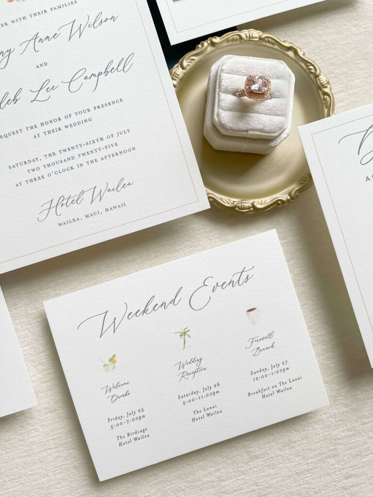 Weekend events card featuring watercolor icons