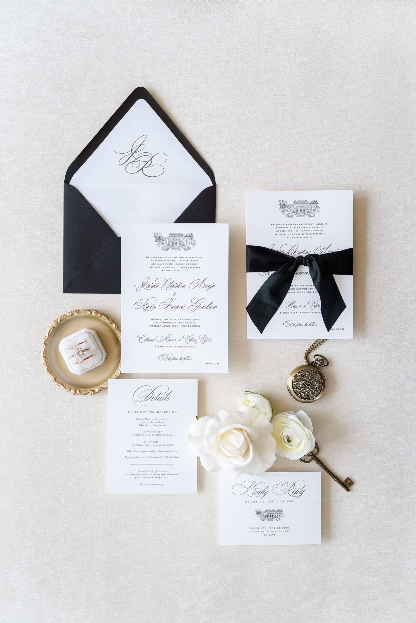 Classic black and white wedding invitation suite