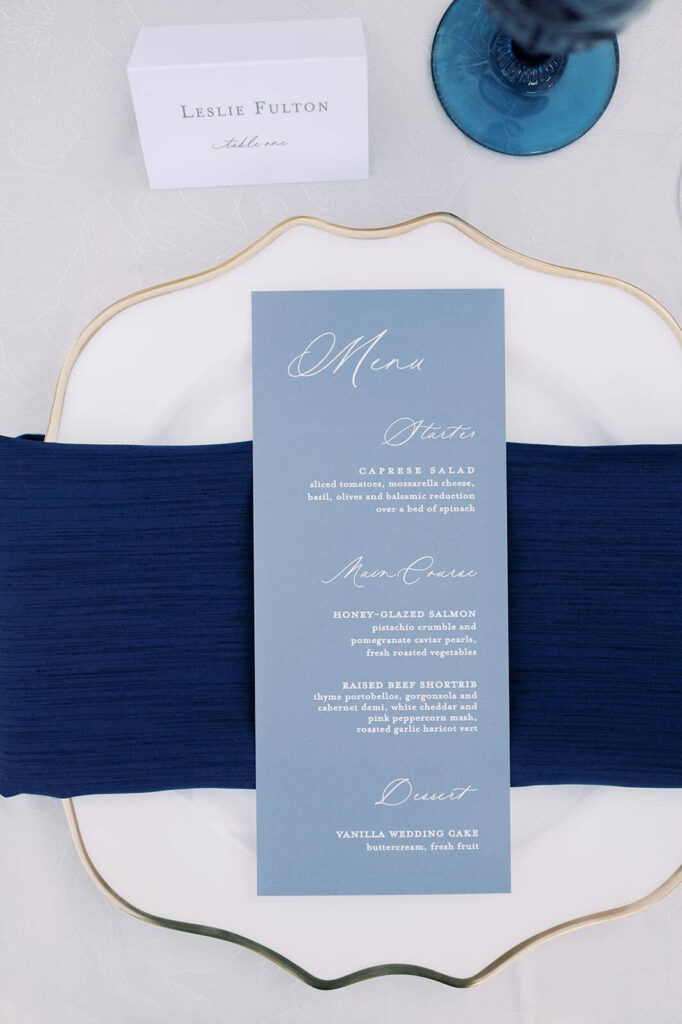 Blue wedding menu and place card