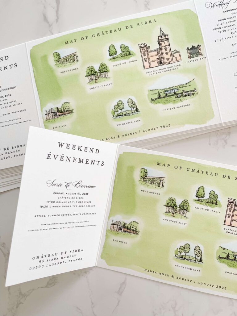 Custom watercolor map of a French chateau with important landmarks