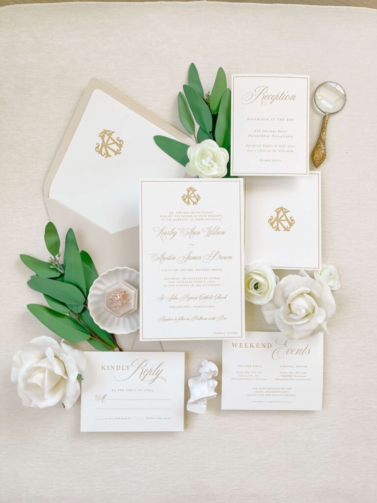 Gold and white wedding invitation suite including wedding invitation, details card, RSVP card, and wedding events card