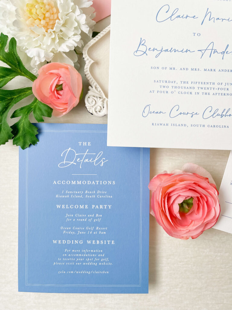 Custom wedding invitation details card featuring important guest information such as accommodations, welcome party, and wedding website.