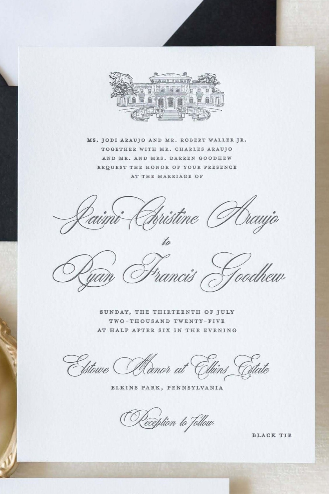 Classic letterpress wedding invitation displaying formal wedding invitation wording
