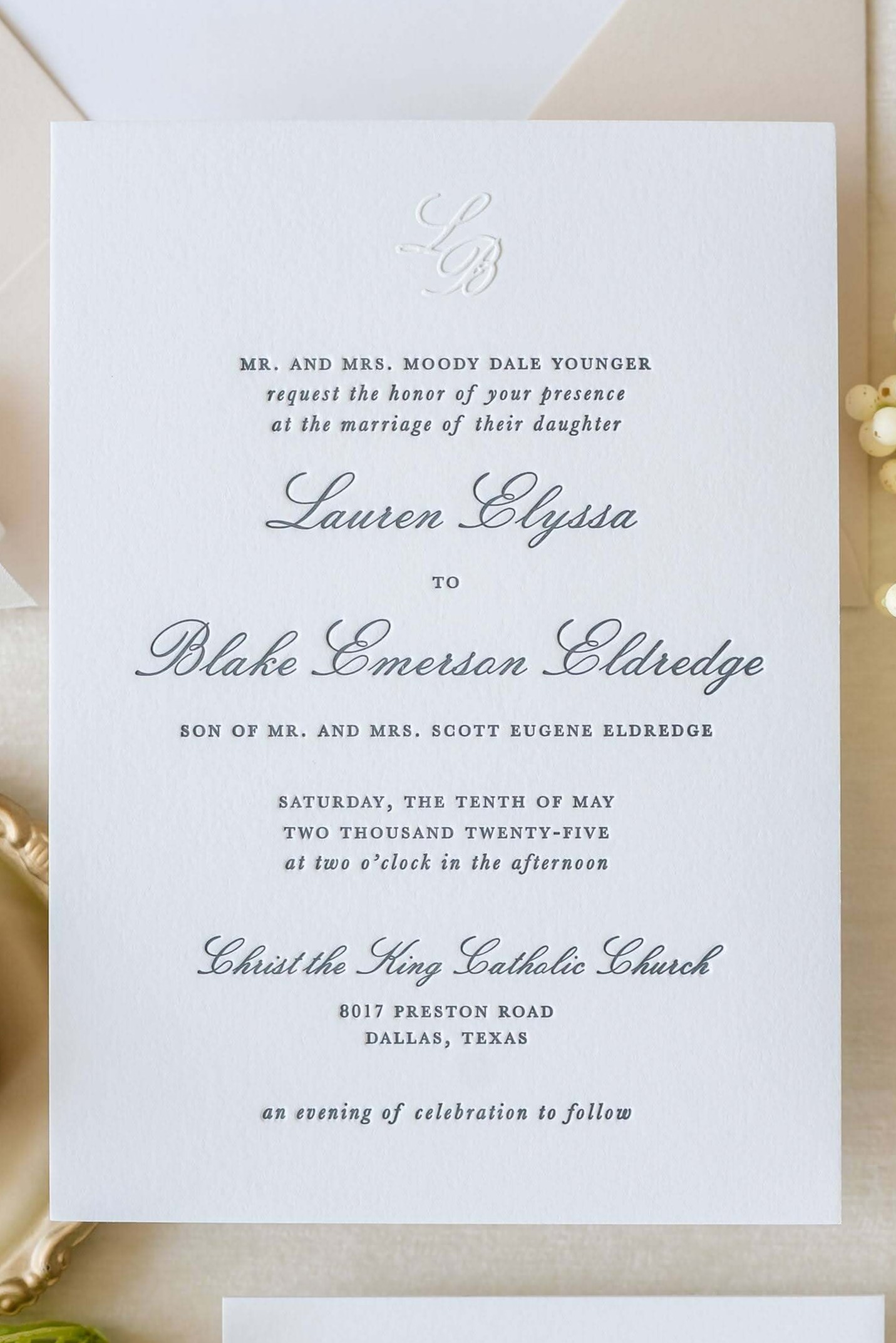 Timeless letterpress wedding invitation displaying formal wedding invitation wording