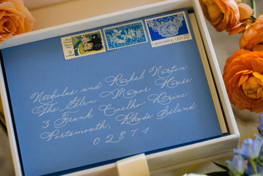 Classic blue wedding invitation envelope addressed with calligraphy