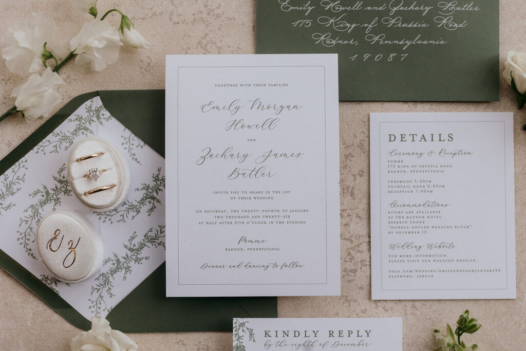 Elegant wedding invitation suite that shows what is included in modern wedding invitation wording