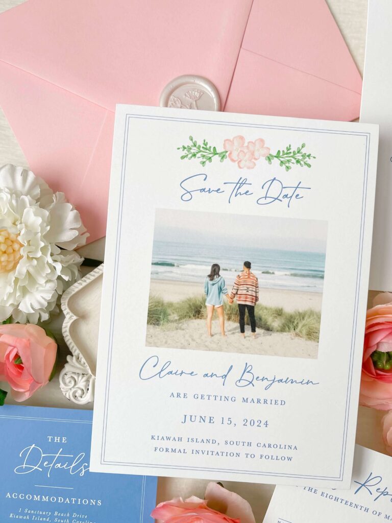 Photo save the date card for a destination beach wedding