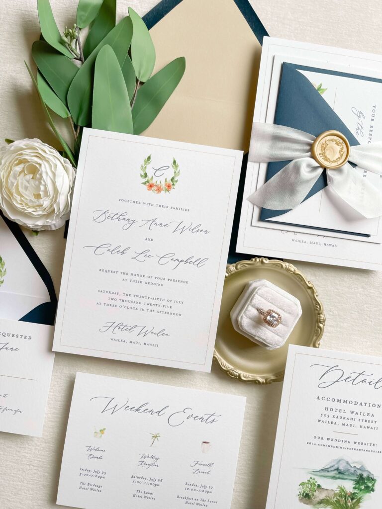 Destination wedding weekend events and details cards