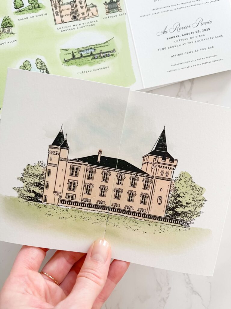 Gatefold events card of a French chateau featuring custom watercolor artwork