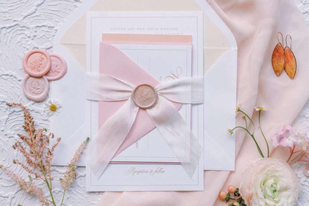 Closeup image assembled invitation suite for romantic and timeless summer garden wedding at Tyler Gardens. Features pink and white envelope, white ribbon, and light pink wax seal on the ribbon.