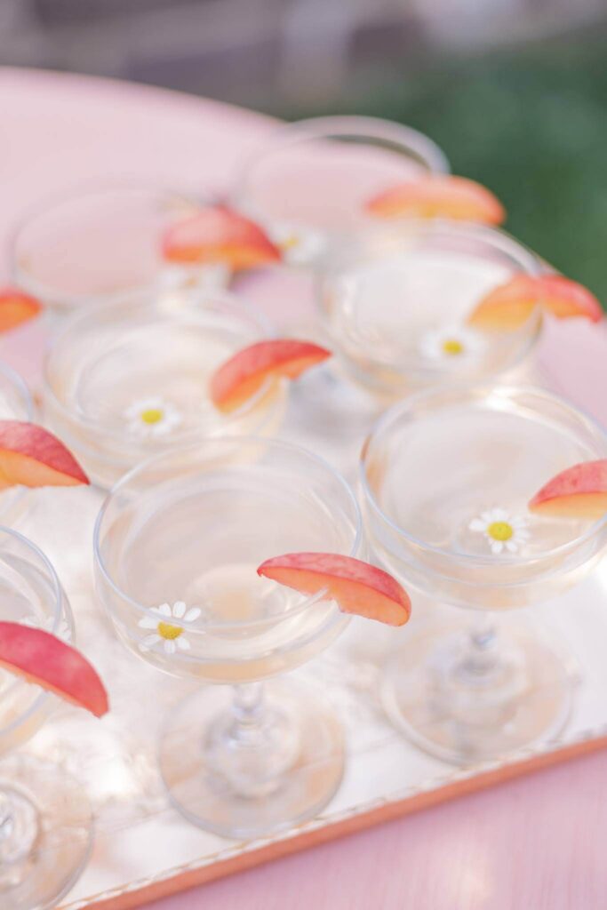 Peach Bellini cocktail table with real peaches