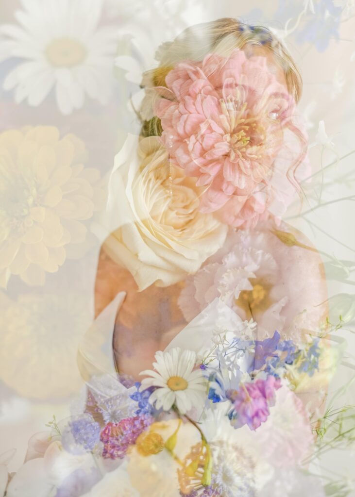 Bridal portrait with colorful floral overlay