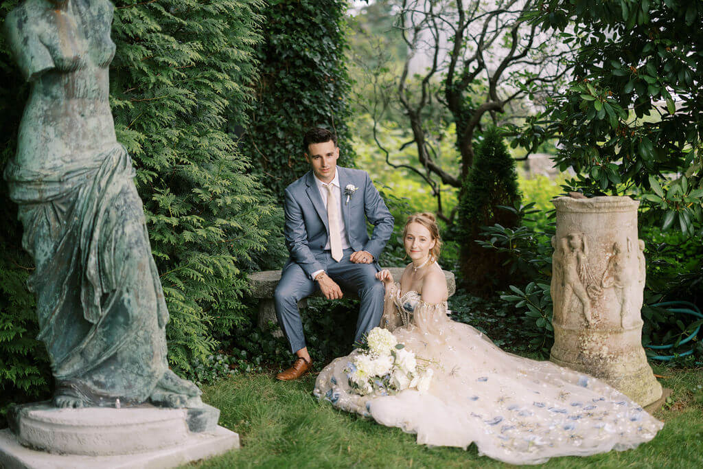 Bride and groom garden portrait