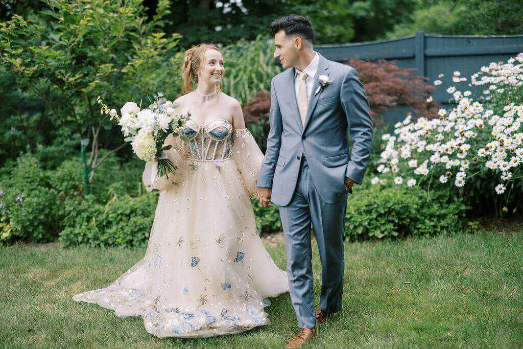 Bride and groom in garden