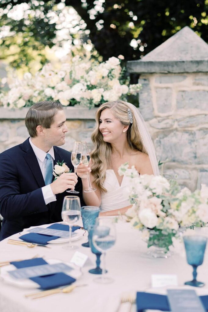 Bride and groom at outdoor wedding reception