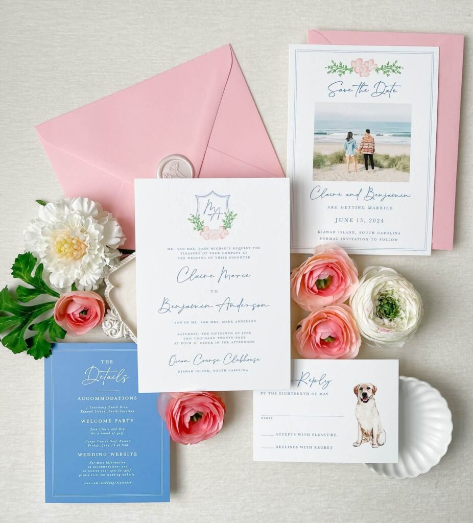 Wedding invitation suite with pet illustration on reply card