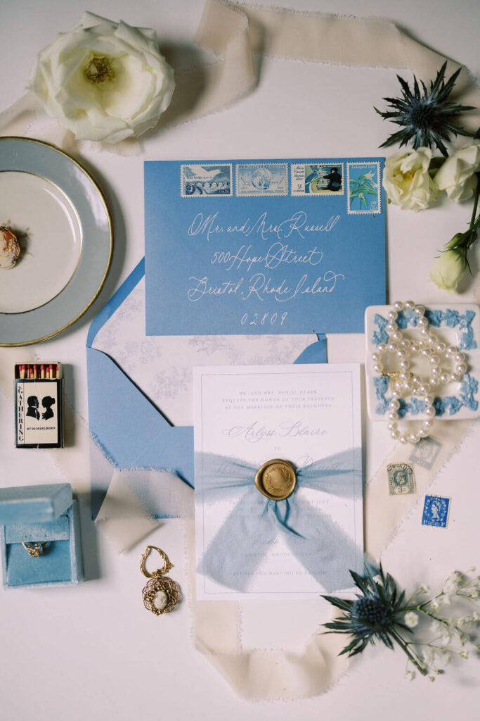 Vintage blue wedding invitation suite