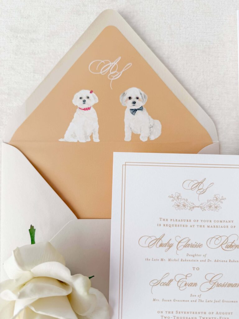 Wedding invitation envelope liner featuring two watercolor dog portraits