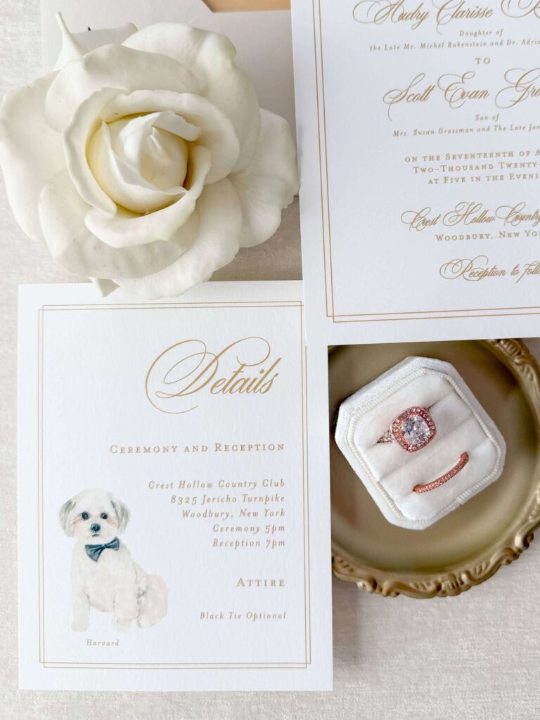 Wedding invitation details card featuring a watercolor illustration of the bride's dog