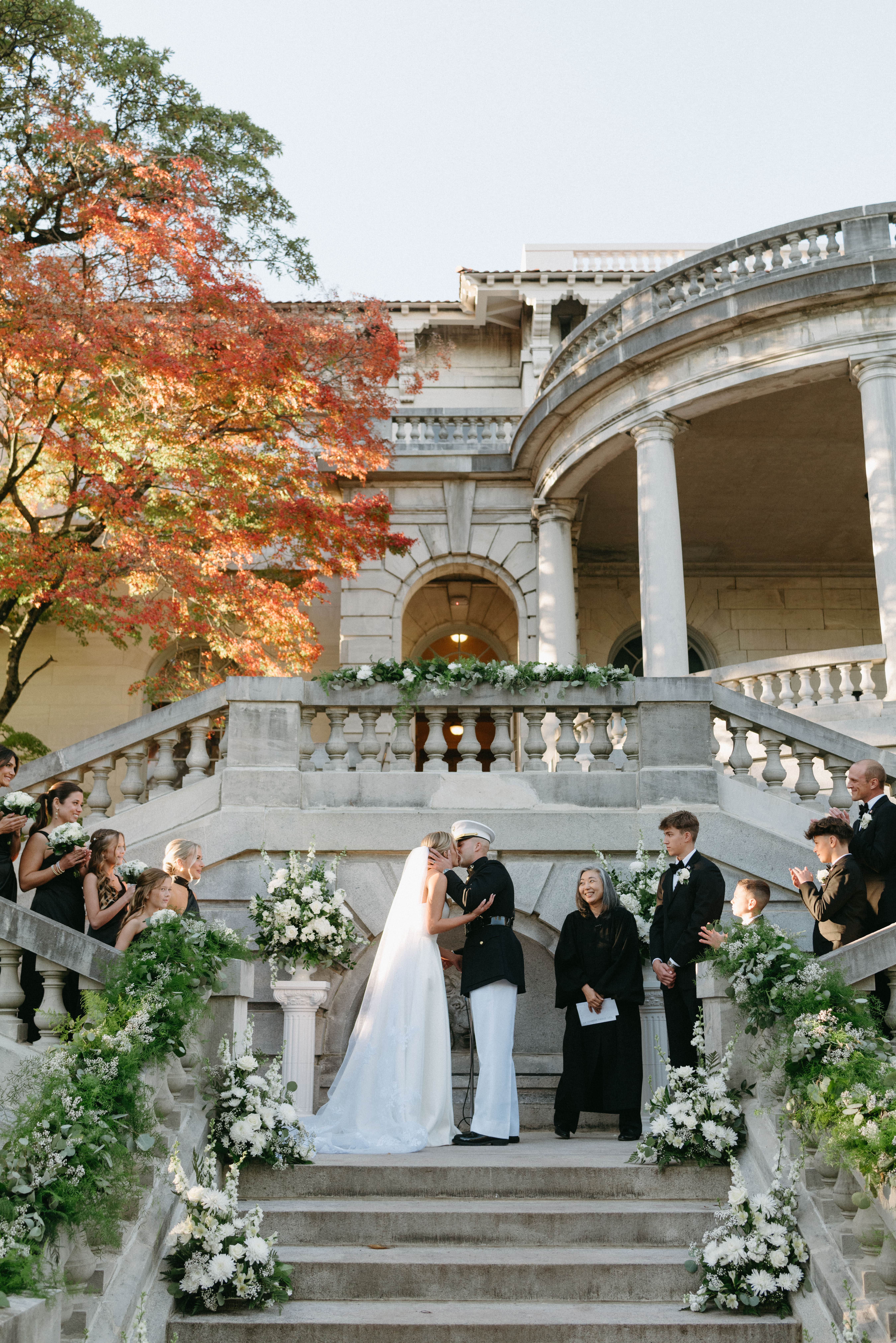 Bride and groom first kiss
