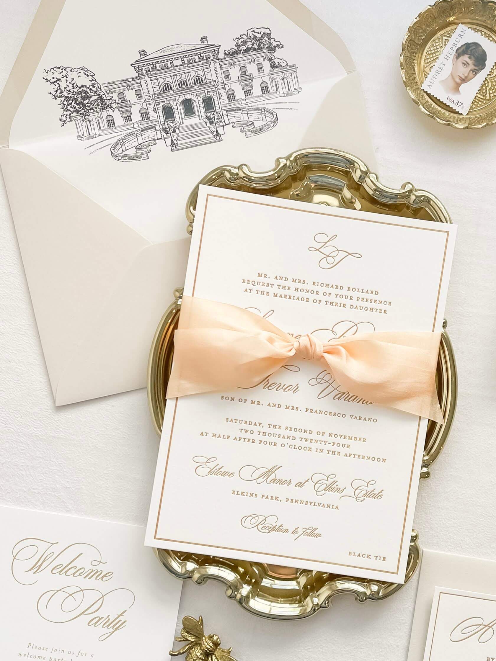 Timeless letterpress wedding invitations featuring an illustration of Elstowe Manor at Elkins Estate