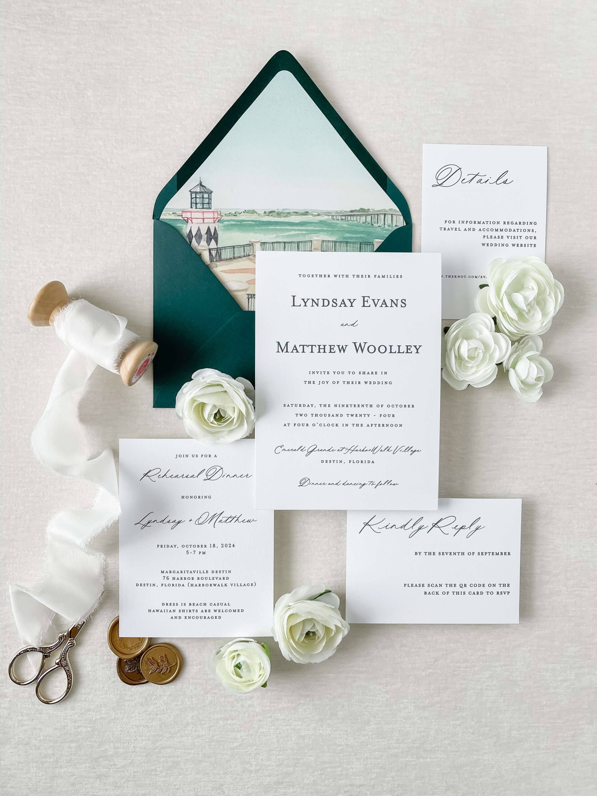 Custom invitation suite featuring custom envelope liner with watercolor drawing of Florida destination wedding venue
