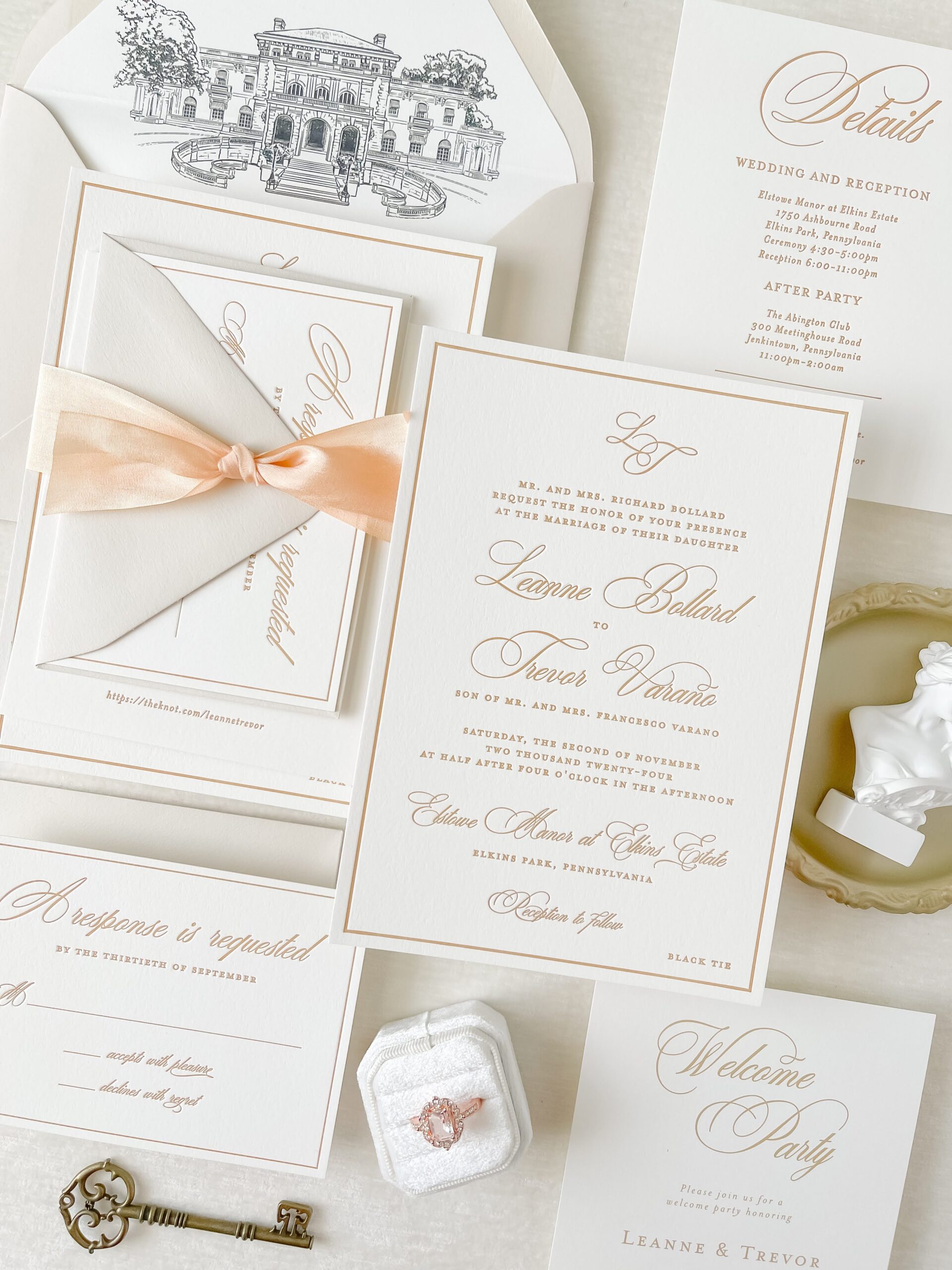 Timeless letterpress wedding invitation suite in white, gold, and cream