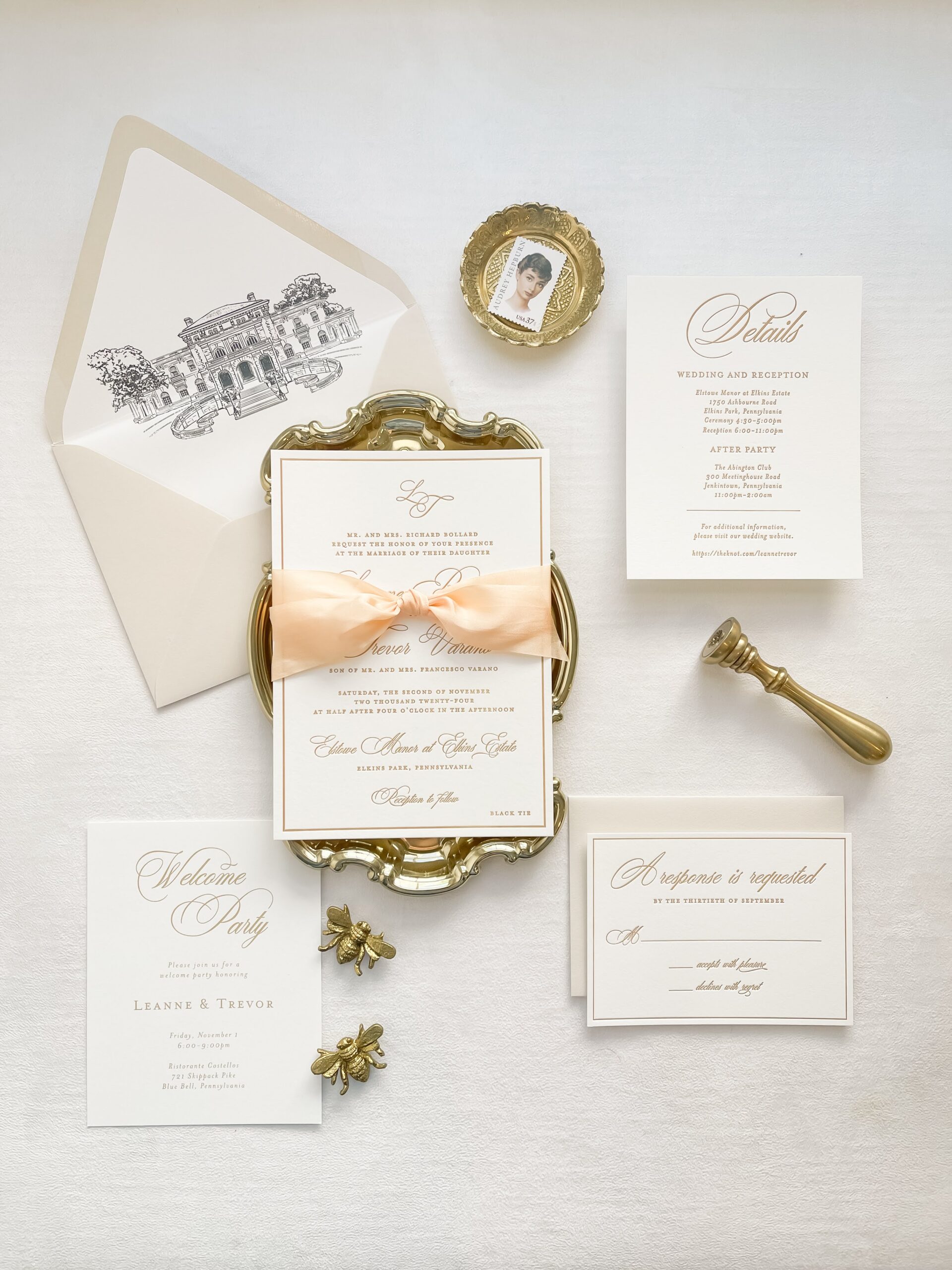 Timeless white and gold letterpress invitation suite