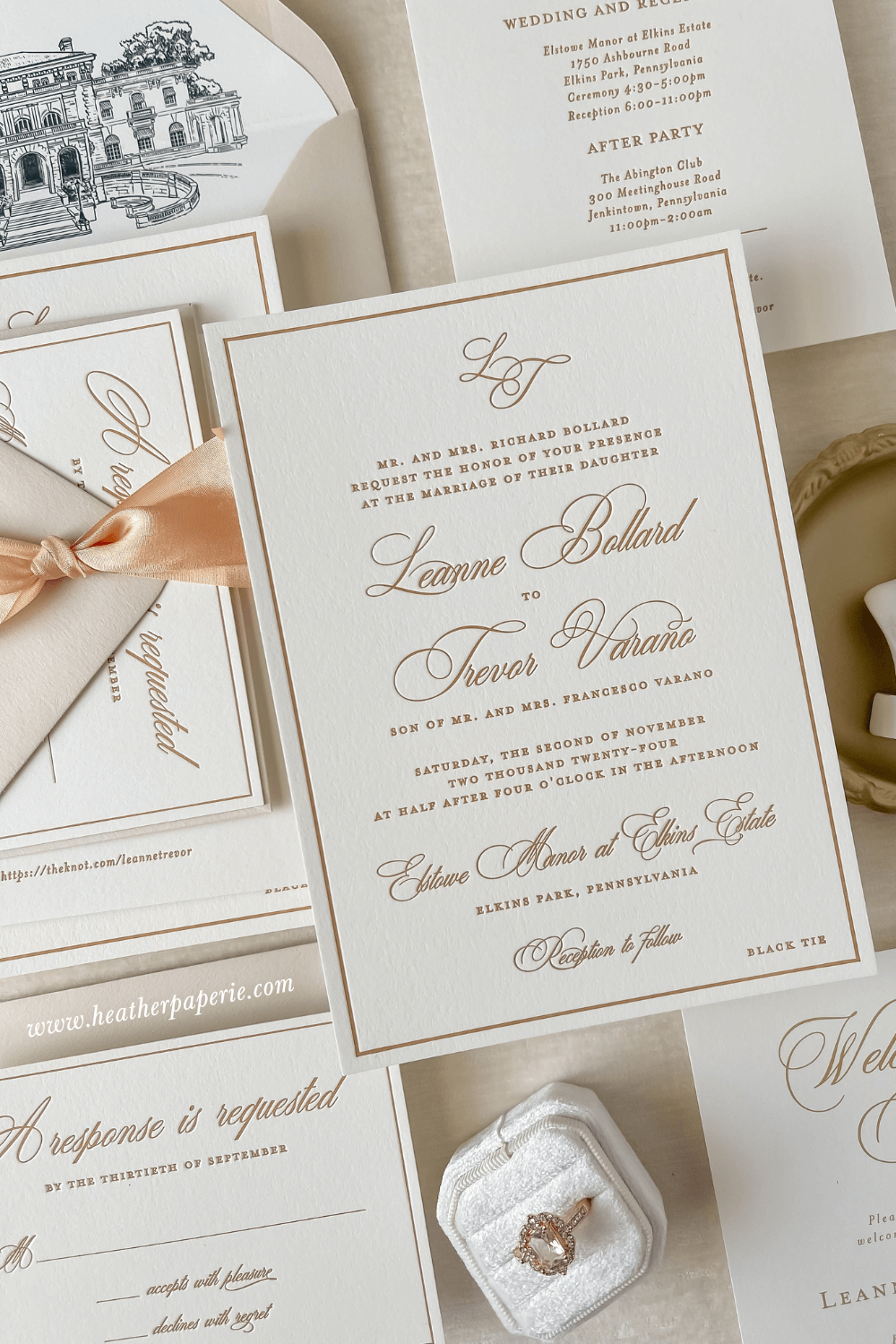 Timeless letterpress wedding invitation suite in white and gold