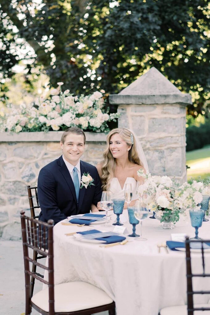 Bride and groom at outdoor wedding reception