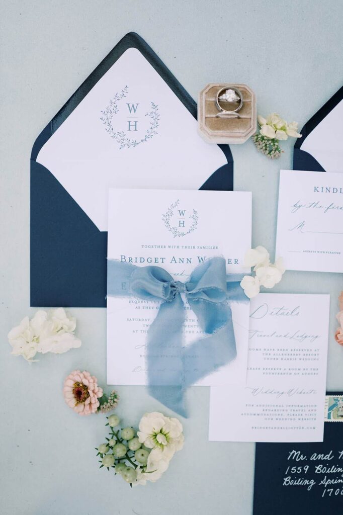 Elegant blue wedding invitation suite