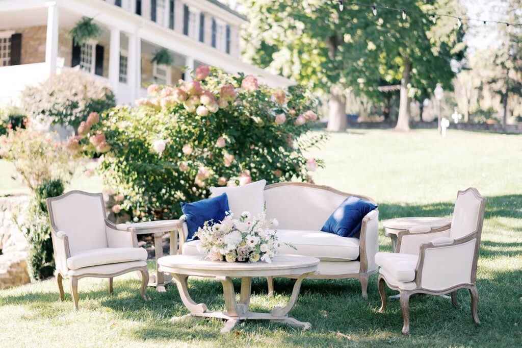 Lounge area for a spring wedding color palette