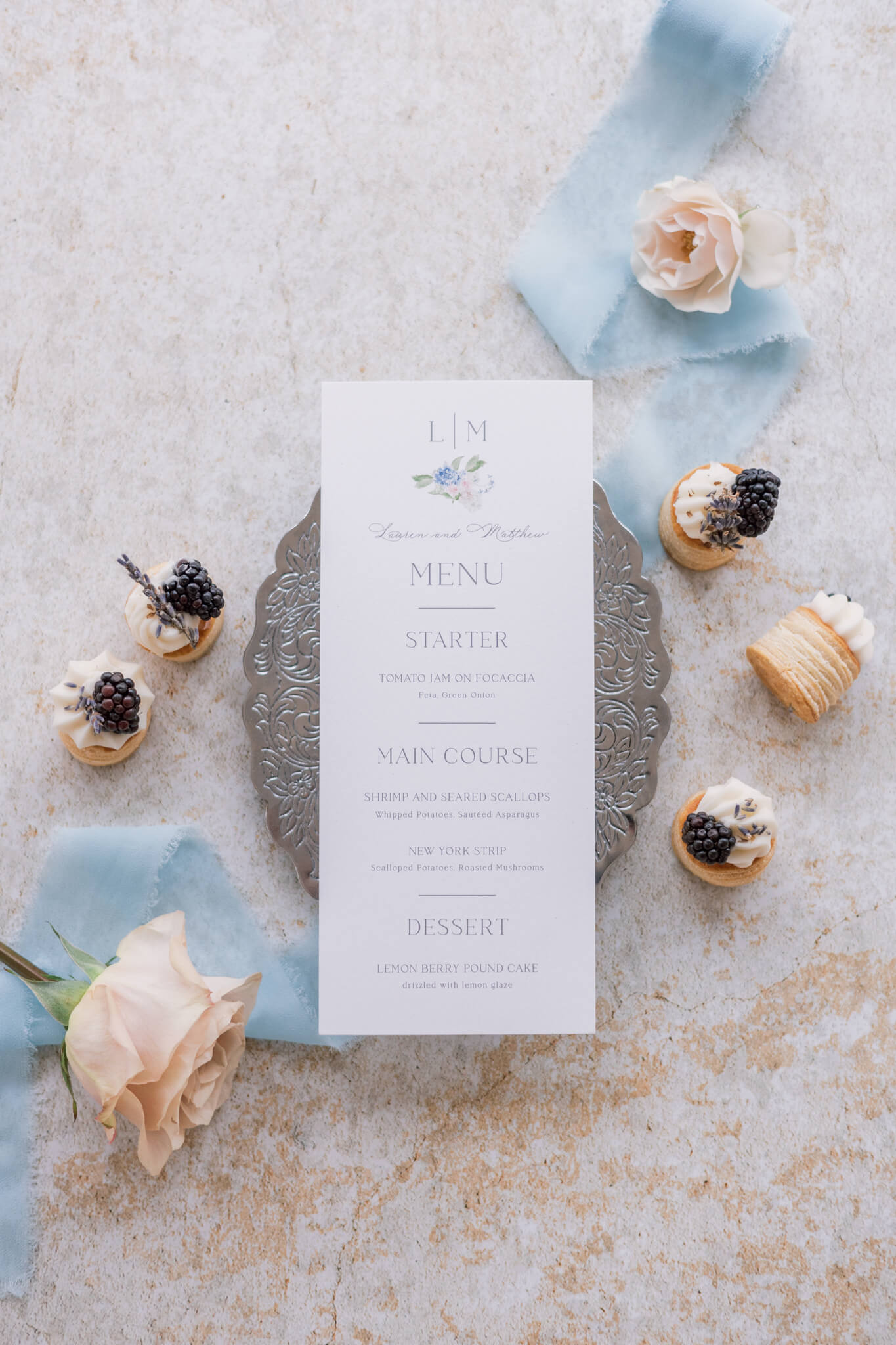 Custom wedding menu with watercolor floral monogram