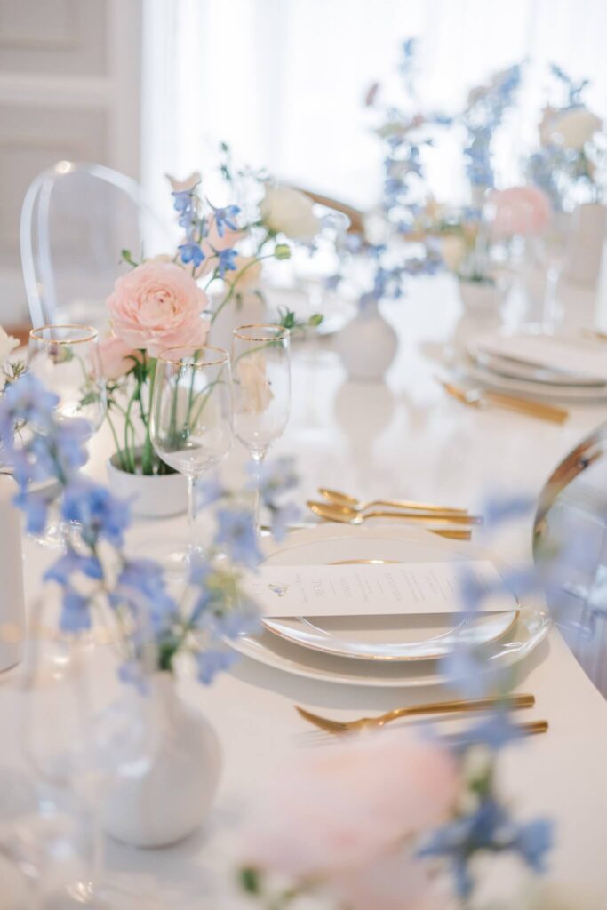 Elegant floral wedding reception tablescape