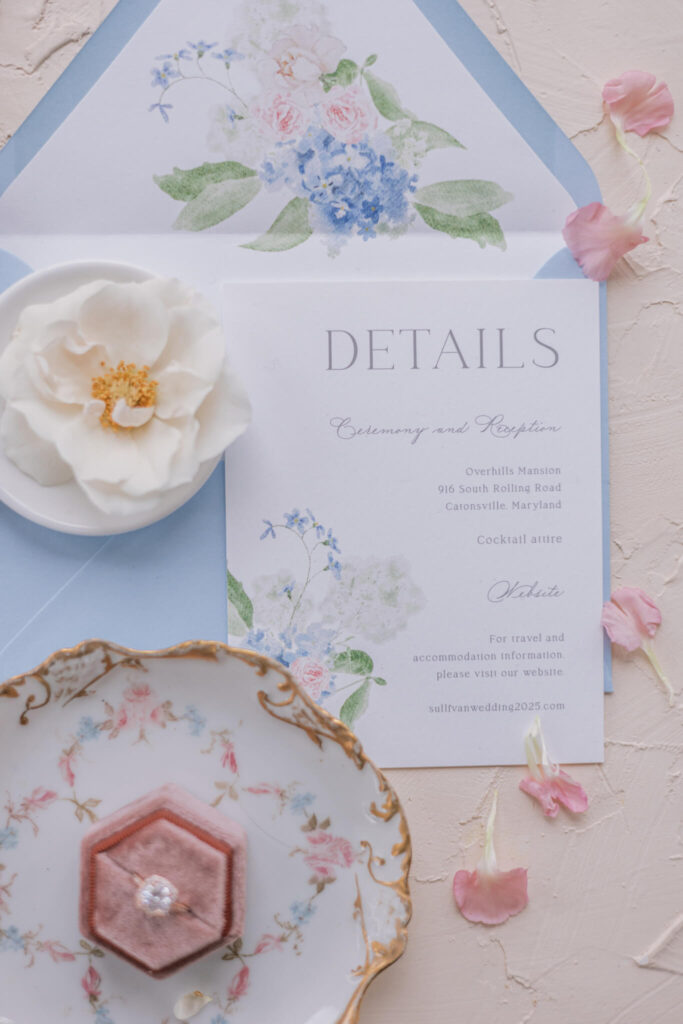 Wedding invitation details card with custom watercolor floral design