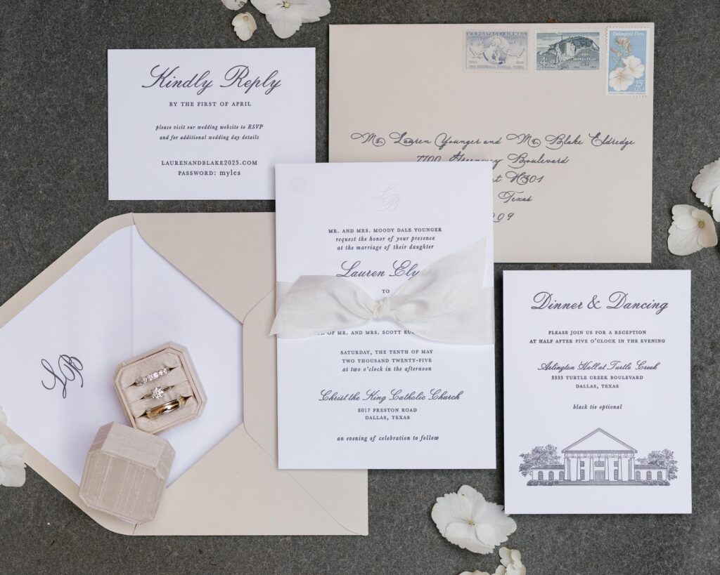 Classic letterpress wedding invitation suite with venue illustration of Arlington Hall at Turtle Creek