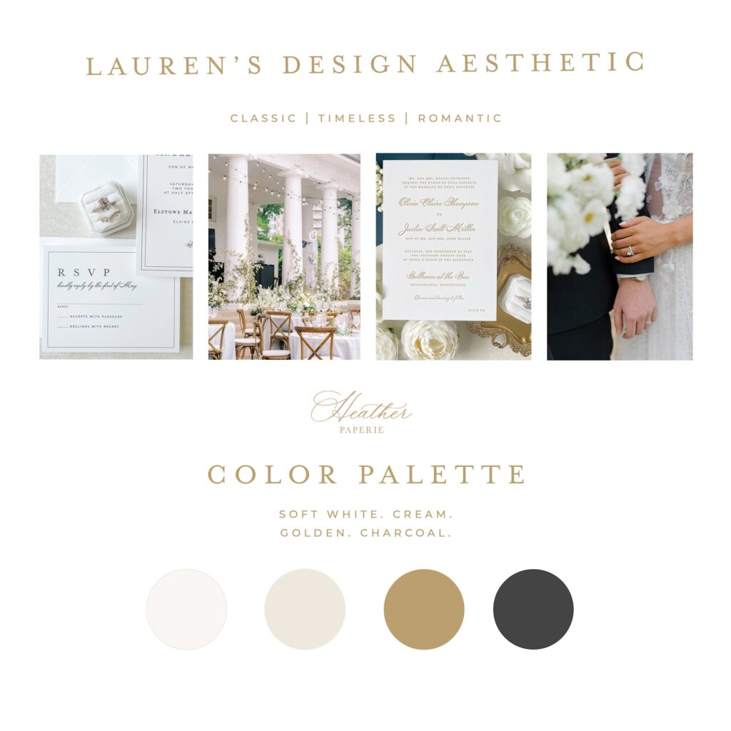 Design board showing classic, timeless, and romantic design inspiration