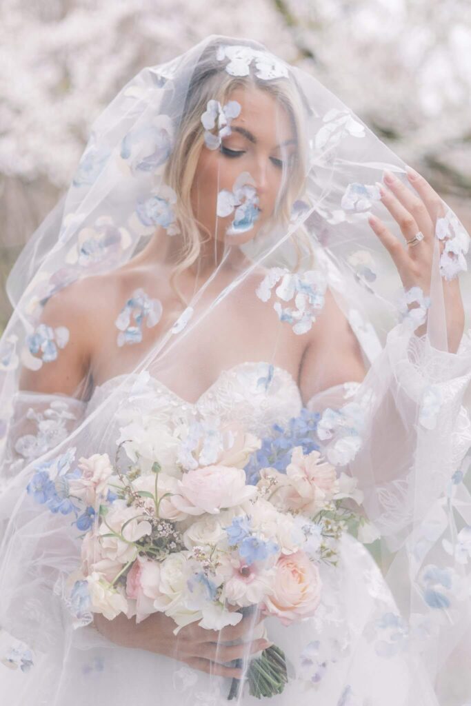 Bride with hand-painted floral pastel veil