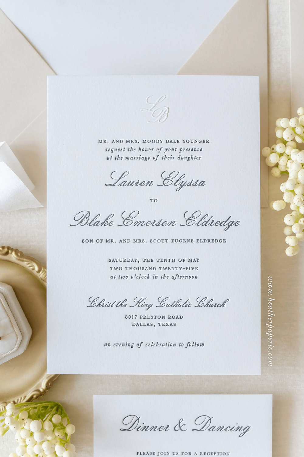 Classic and elegant letterpress wedding invitation suite with embossed monogram