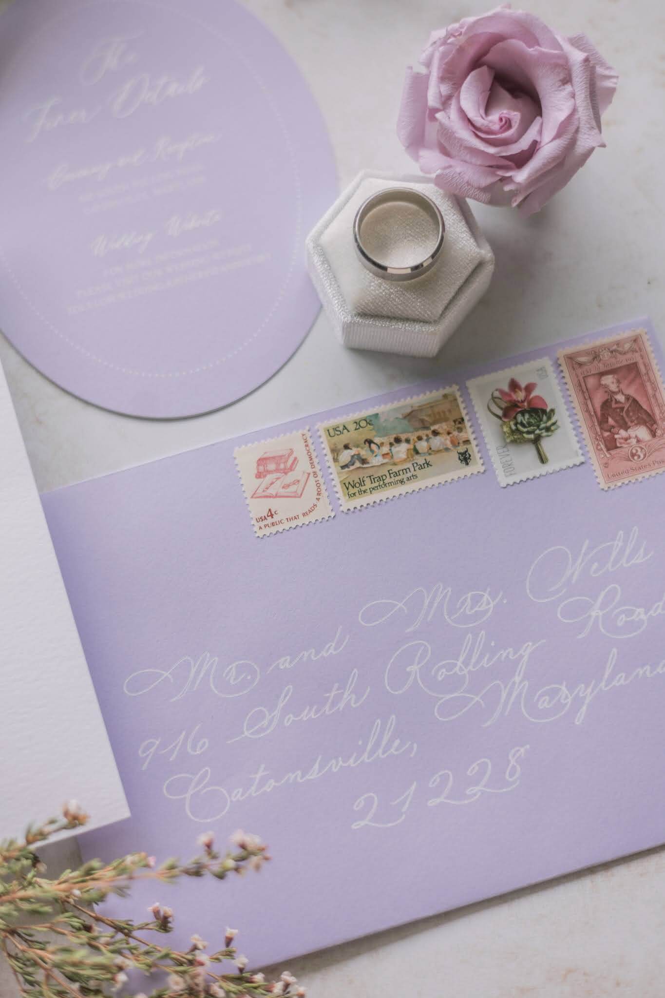 Lilac wedding invitation envelope hand calligraphed
